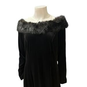 Black Stretch Velvet Gown Faux Fur Trim Off Shoulder Maxi Dress / Large -